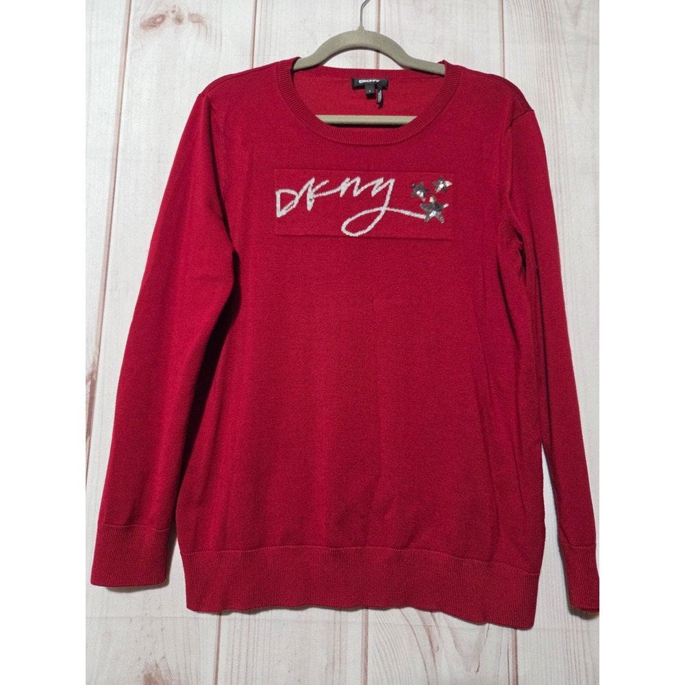 DKNY Red Sequin Star‎ Logo Pullover Sweater Womens Large Lightweight